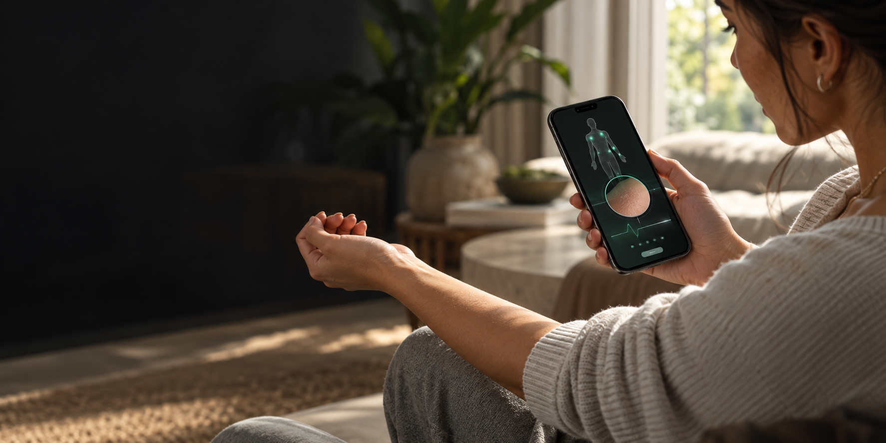 A person using the Signals health app to scan their forearm with a smartphone